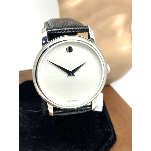 Movado Men's Watch 2100001 Swiss Quartz Silver Dial Black Leather Band 39mm - Picture 13 of 14